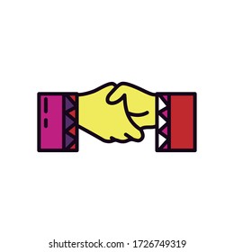EID mubarak concept, Two hands Greet Each Other And Shake icon over white background, line and fill style, vector illustration