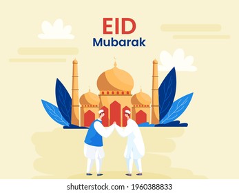Eid Mubarak Concept With Two Muslim Men Greeting To Each Other In Front Of Mosque Illustration On Yellow Background.