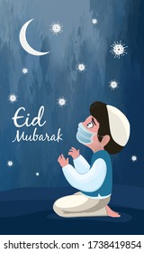 Eid Mubarak, Eid in corona virus, Muslim boy praying in corona concept, Muslim festival illustration, Pray, Eid in corona pandemic 2020.