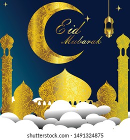 Eid mubarak cover card, Drawn mosque night design background Vector illustration