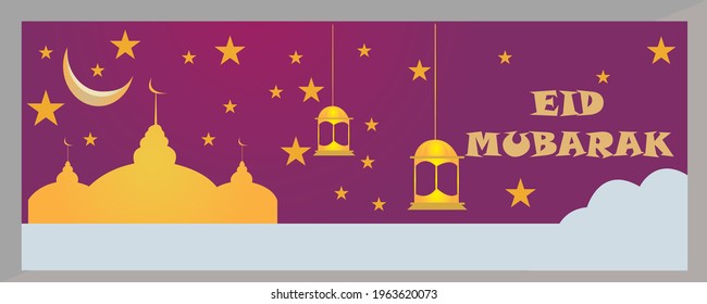 Eid Mubarak cover card, Drawn mosque night view from arch. Arabic design background. Vector illustration