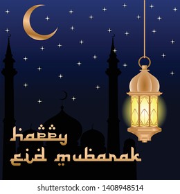 Eid Mubarak cover poster dark brown background with golden moon eps vector bling bling stars golden wish you happy eid day eid banner - Vector