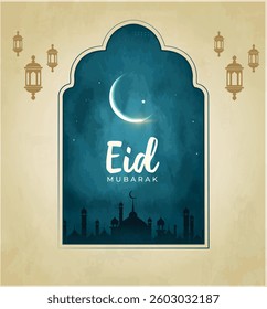 Eid mubarak creative banner design, window in blue background.
