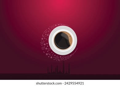 Concepto creativo de Eid Mubarak. Antecedentes del restaurante o cafetería para la celebración del Ramadán y Eid, donde una taza de café o té en media luna representa el eid. Último día del concepto de ramadán.