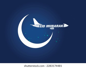 Eid Mubarak creative concept design with plane. Eid Moon and plane in Dark blue background. Airlines.