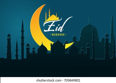 Eid Mubarak with creative Mosque Silhouette and Moon light, Islamic, Muslim Religion, vector Greeting