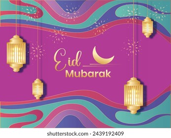 Eid Mubarak Creative Vector Illustration for Islamic Festival with Lantern and Crescent Moon