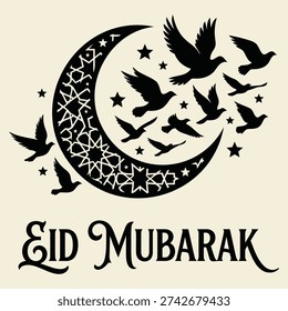 Eid Mubarak crescent moon with flying birds vector illustration flat design