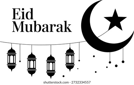 Diseño gráfico de saludo del Festival Islámico Eid Mubarak Crescent Moon Lanterns