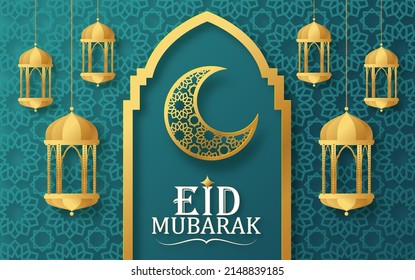 Eid Mubarak with Crescent Moon and Mosque Concept  paper cut.