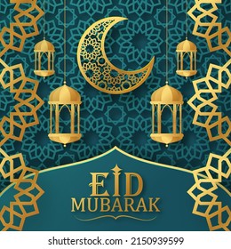 Eid Mubarak with Crescent Moon and Mosque Concept  paper cut.