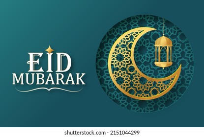 Eid Mubarak with Crescent Moon and Mosque Concept  paper cut.