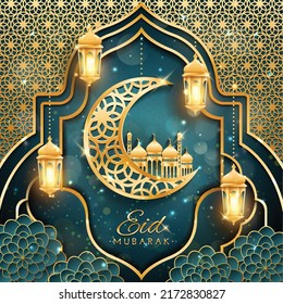 Eid mubarak with crescent moon and mosque concept vector. Eid mubarak design background. Vector illustration for greeting card, poster and banner. Eid mubarak