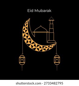 Lua Crescente de Eid Mubarak e Mesquita com Lanternas