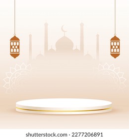 eid mubarak fondo cultural con 3d podio y vector mezquita 