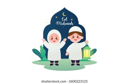Eid Mubarak with Cute Kids Cartoon Illustration. Happy Muslim Boy and Girl Celebrate Eid Mubarak with Ketupat and Playing The Lantern. 