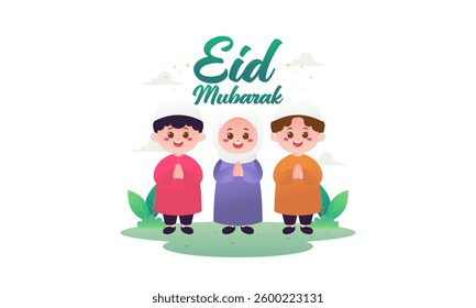 Eid Mubarak with Cute Kids Cartoon Illustration. Happy Muslim Boy and Girl Celebrate Eid Mubarak with Ketupat and Playing The Lantern. 