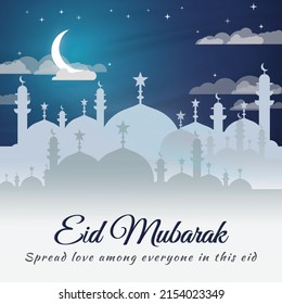 Eid Mubarak dark blue and white greeting card vector design - Islamic art illustration with shining crescent moon, star, mosque, and text with Islamic illustration.