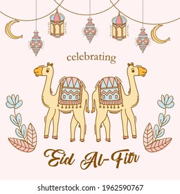 Eid mubarak decoration on hand drawn style illustration decorated with lantern, crescent moon, camel, flower. Illustration of islamic holiday. Eid al-fitr greeting card