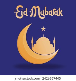 Eid Mubarak decorative background. Vector template in oriental style with arabic typography. Moon with mosque and star. 