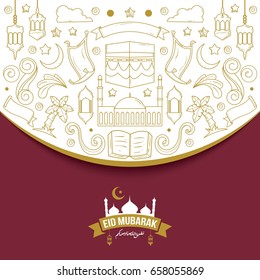 Eid Mubarak Design Background with doodle style. Vector Illustration for greeting card, poster and banner.