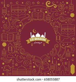 Eid Mubarak Design Background with doodle style. Vector Illustration for greeting card, poster and banner.