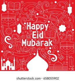 Eid Mubarak Design Background with doodle style. Vector Illustration for greeting card, poster and banner.