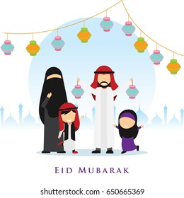 Eid Mubarak Design Background with Moslem Family Character. Vector Illustration for greeting card, poster and banner.