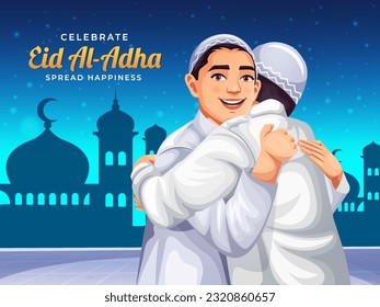 Fondo del diseño de Eid Mubarak. Muchacho musulmán abrazándose y deseándose el uno al otro vector Ilustración para tarjeta de saludo, afiche y pancarta. Eid ul-Fitr, Eid ul-Adha. Fiesta religiosa.