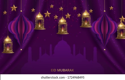 Eid Mubarak Design Background. Vector Illustration for greeting card, poster and banner. ramadan lantern and star origami, vector illustration