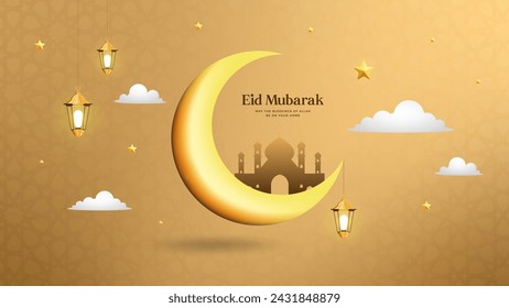 Eid Mubarak Design Banner with moon and mosque in a beautiful background. Colorful luxury Islamic background with decorative ornament, Eid Mubarak social media post design. Golden vector background.