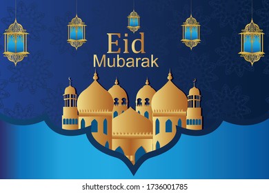Eid Mubarak design with beautiful mosque and lamp .Vector illustration template