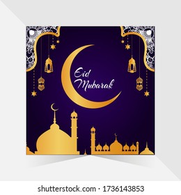 Eid Mubarak design with beautiful mosque and lamp and moon .Vector illustration template