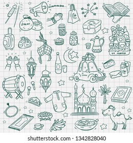 Eid mubarak design element, doodle style , Vector illustration celebration in idul fitri, alloohuakbar is mean God is greater

