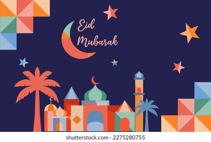 eid mubarak Design mit geometrischem Stil in zufälligen Farben. geeignet für Hintergrund, Postkarte, Banner, Poster, Aufkleber usw.