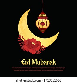 Eid Mubarak Design with Gold Crescent Moon, Floral and Lantern Ornaments