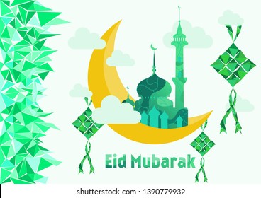 eid mubarak design illustration with low poly element, mosque, crescent moon, ketupat lebaran, 