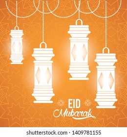 eid mubarak design with islamic lamps icon cartoon vector illustration graphic design