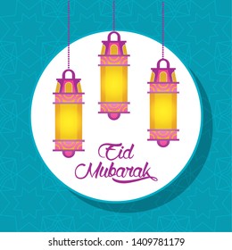 eid mubarak design with islamic lamps icon cartoon vector illustration graphic design