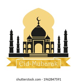 Eid Mubarak Design with a mosque and golden inscription