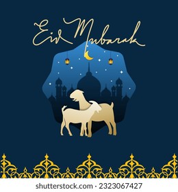 Eid Mubarak Design with mosque, lamp and goat concept background 