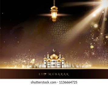 Eid Mubarak design with mosque scenery and hanging fanoos in 3d illustration