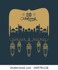 eid mubarak design with mosque silhouette icon cartoon vector illustration graphic design