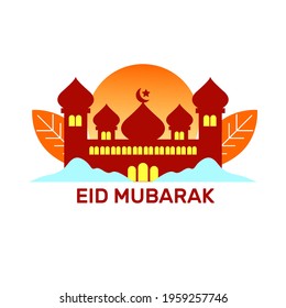 Eid mubarak design with mosque and sunset. Vector Illustration