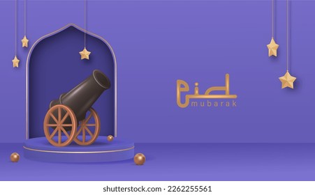 Eid Mubarak Design Poster with 3D Realistic Cannon Vector Illustration.