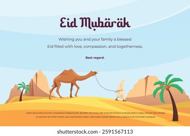 Eid Mubarak design template for celebration. Camel in desert scenery design. islamic illustration.