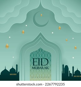 Eid Mubarak Design Template Gate with Paper Style Green Color Background