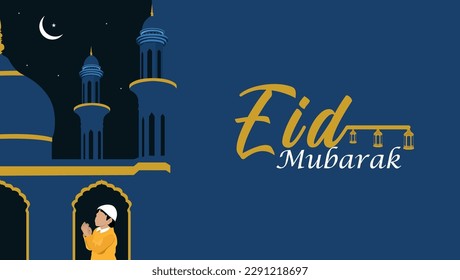 Plantilla de diseño de Eid Mubarak con un niño rezando, luna creciente, linterna colgante, mezquita. Celebración de Eid Mubarak. Diseño de Eid Mubarak.