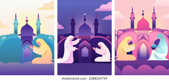 Eid Mubarak. A devout Muslims pray namaz or salah with Mosque Silhouette Backdrop. Great for cards, posters, banner. Vector Illustration
