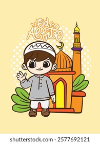 eid mubarak doodle with kids cartoon character